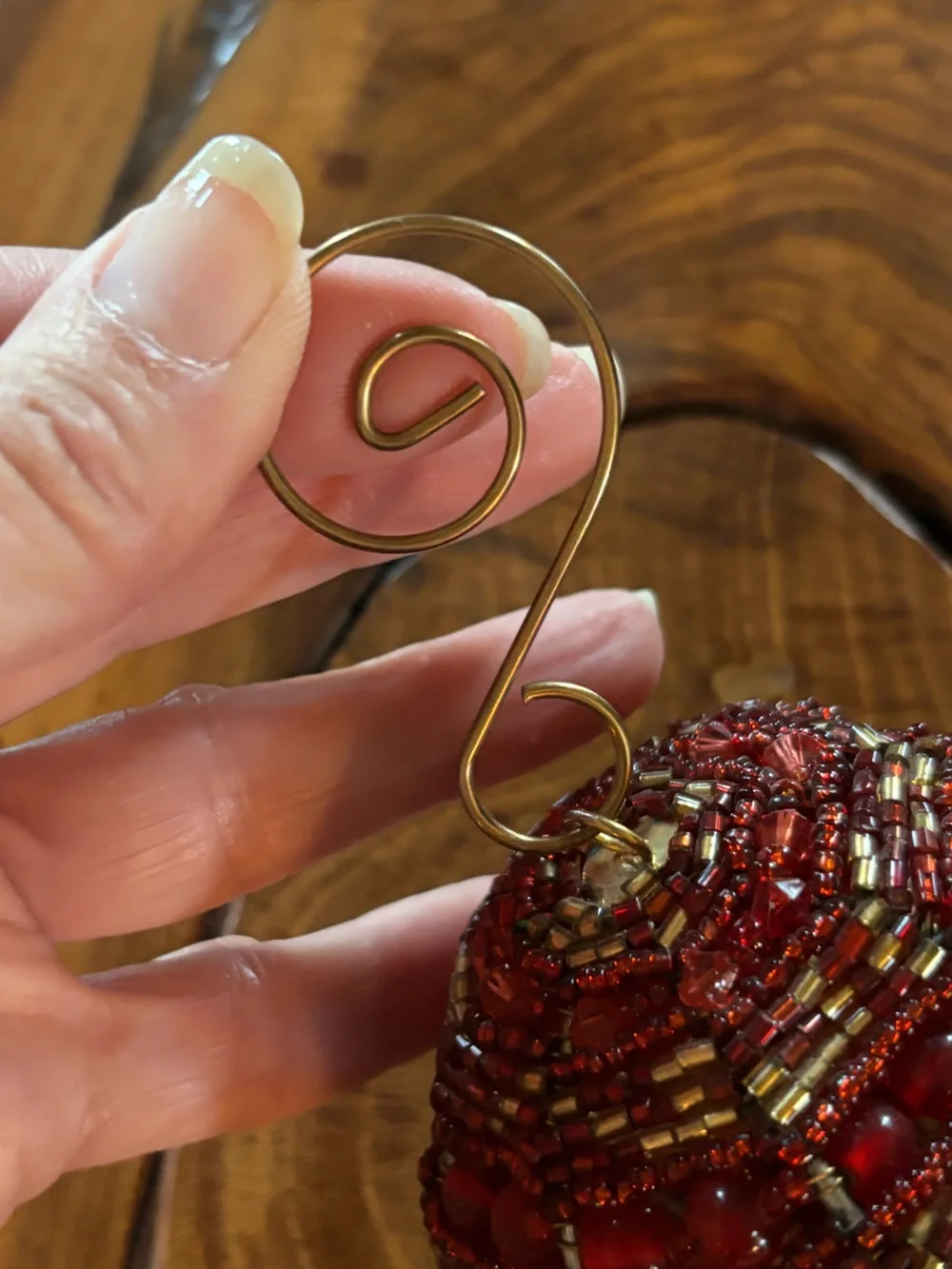 Handmade Beaded Christmas Ornament Red & Gold Glass Beads with Vintage Hook